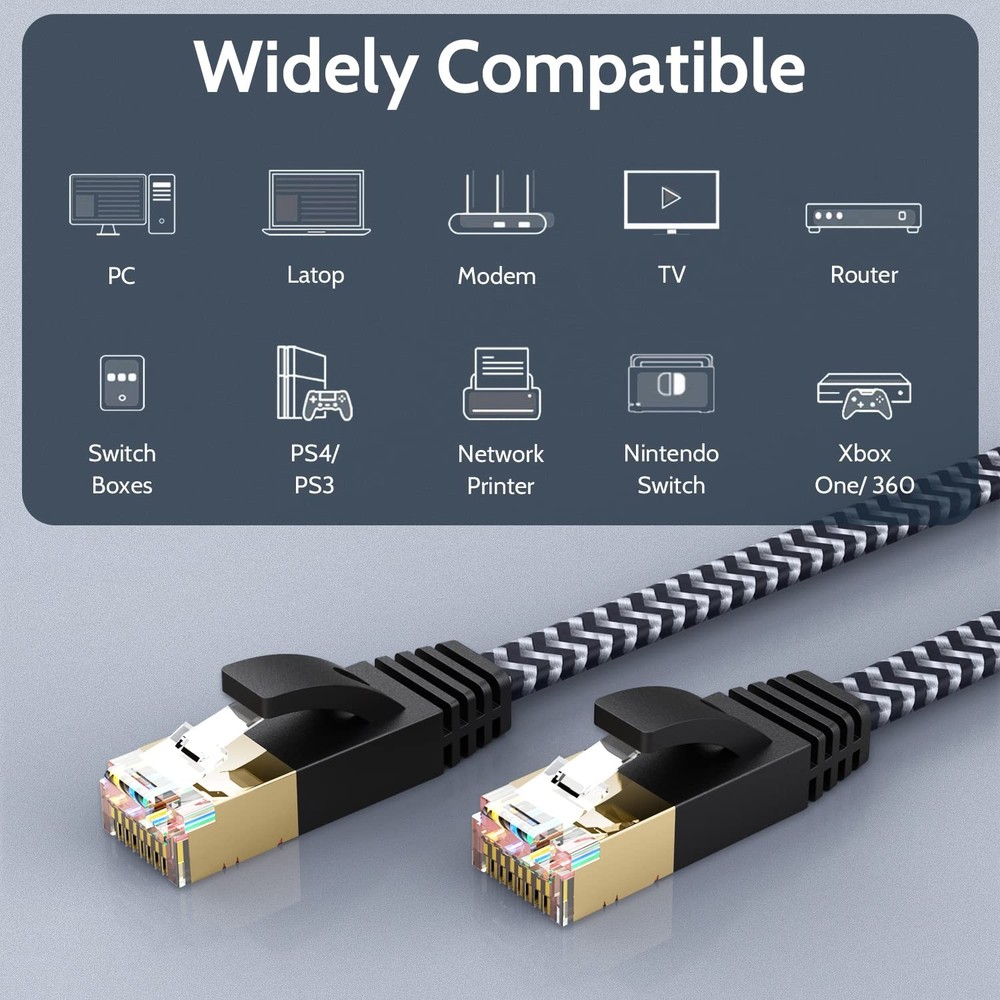Cat 7 Ethernet Cable 10ft - Flat Design, Easy Install, Nylon Braided, More Du...