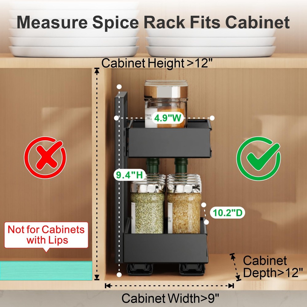 Spice Racks for Inside Cabinet - 1 Pack Peel and Stick Pull out Spice Rack Ea...