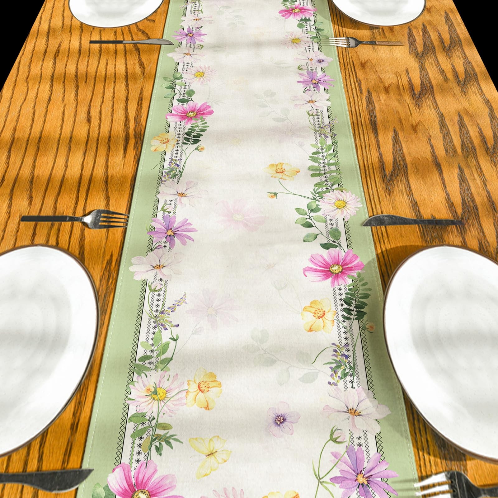 Farmhouse Spring Table Runner Flower Floral Table Cover Pastel Green Leaf Dec...