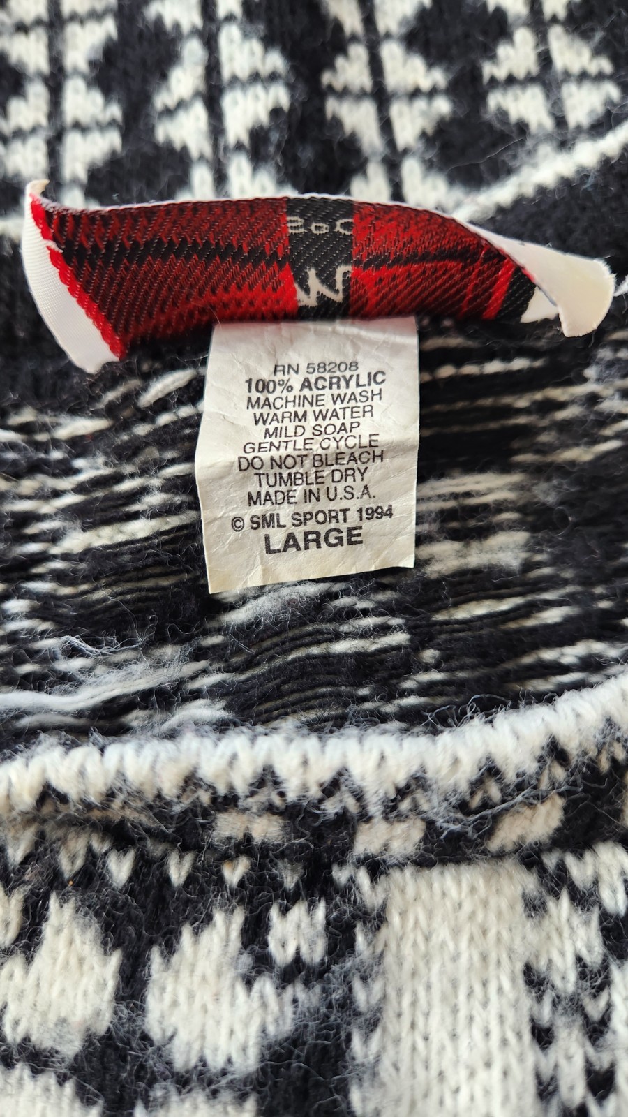 Vtg 90s SML Sport Nordic Stag Mountain Black and White Crewneck Knit Sweater - L