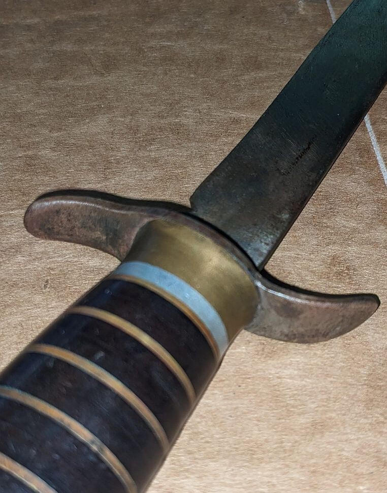 WWII Era Theater Made Fixed Blade Knife Brass Aluminum Leather Handle