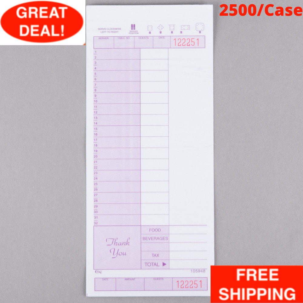 2500 Case 2 Part Carbonless Restaurant Diner Server Guest Order Receipt Check