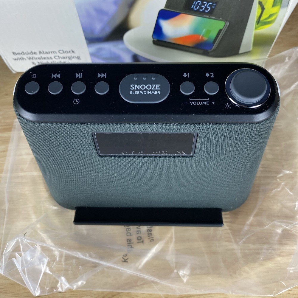 i-Box Glow Bedside Alarm Clock Wireless Charging & Nightlight, Gray