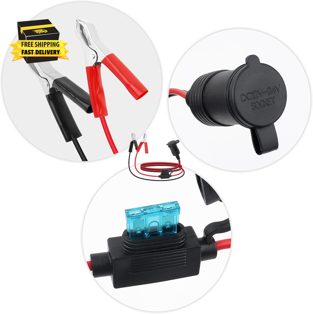 12V Cigarette Lighter Socket Replacement with 3Ft Extension Cord & Battery Allig