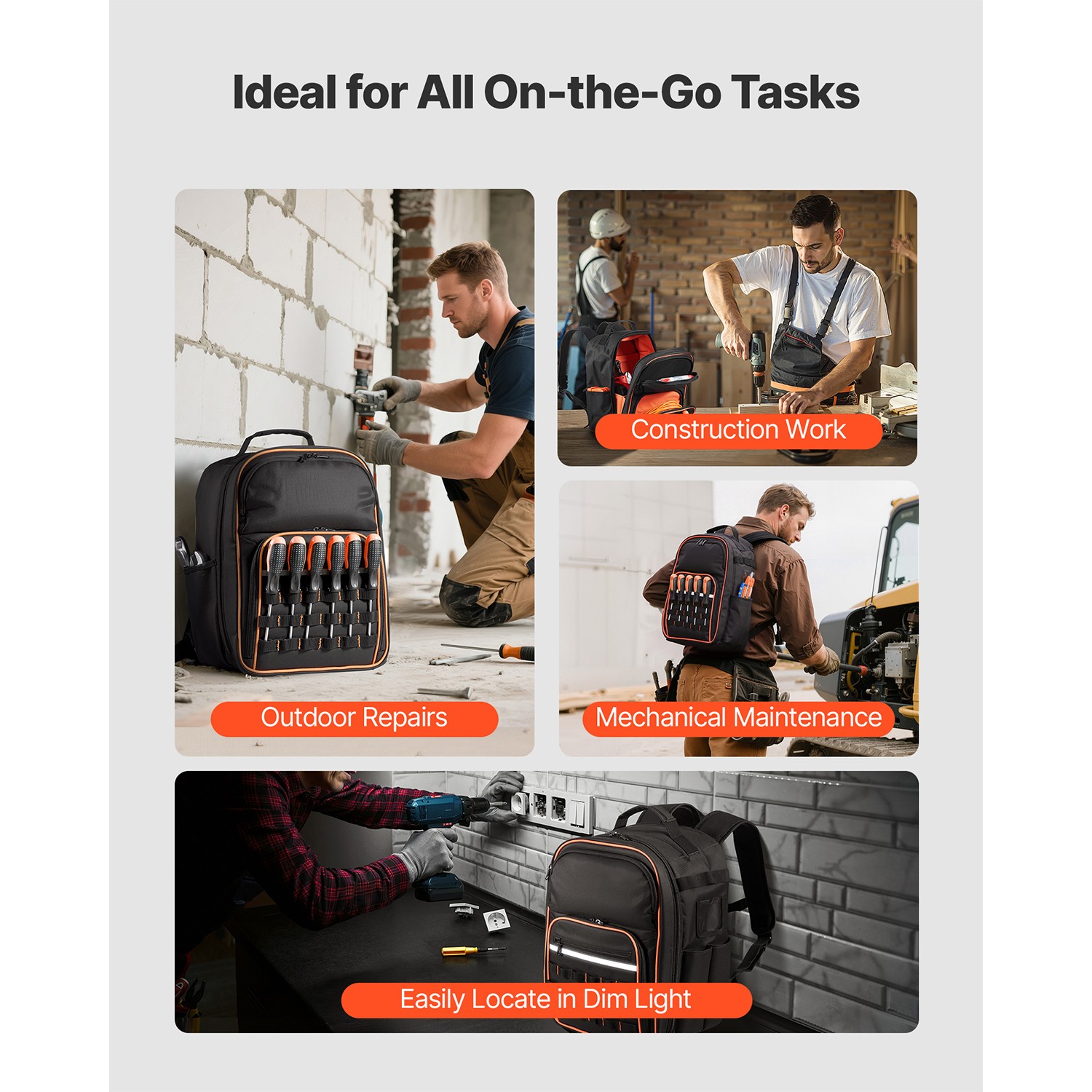 Tool Backpack 49 Pockets Tear-resistant Jobsite Backpack for Electrician