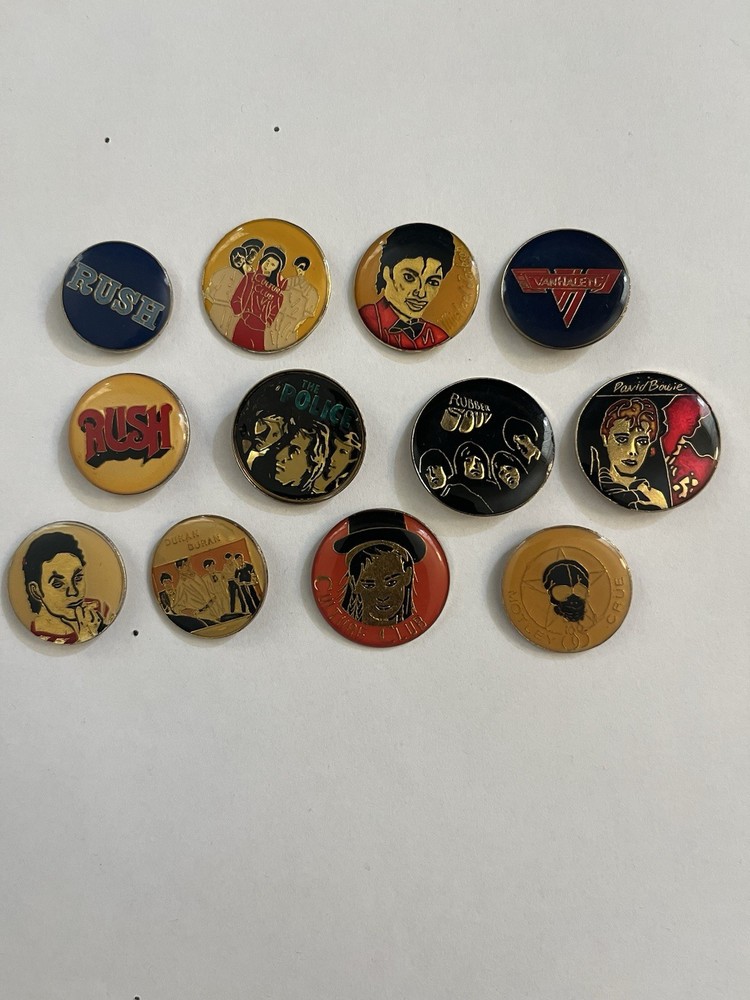 Lot 12 ROCK N’ ROLL 1980's vintage lapel hat Pin Lot Motley Crue Rush Pinbacks