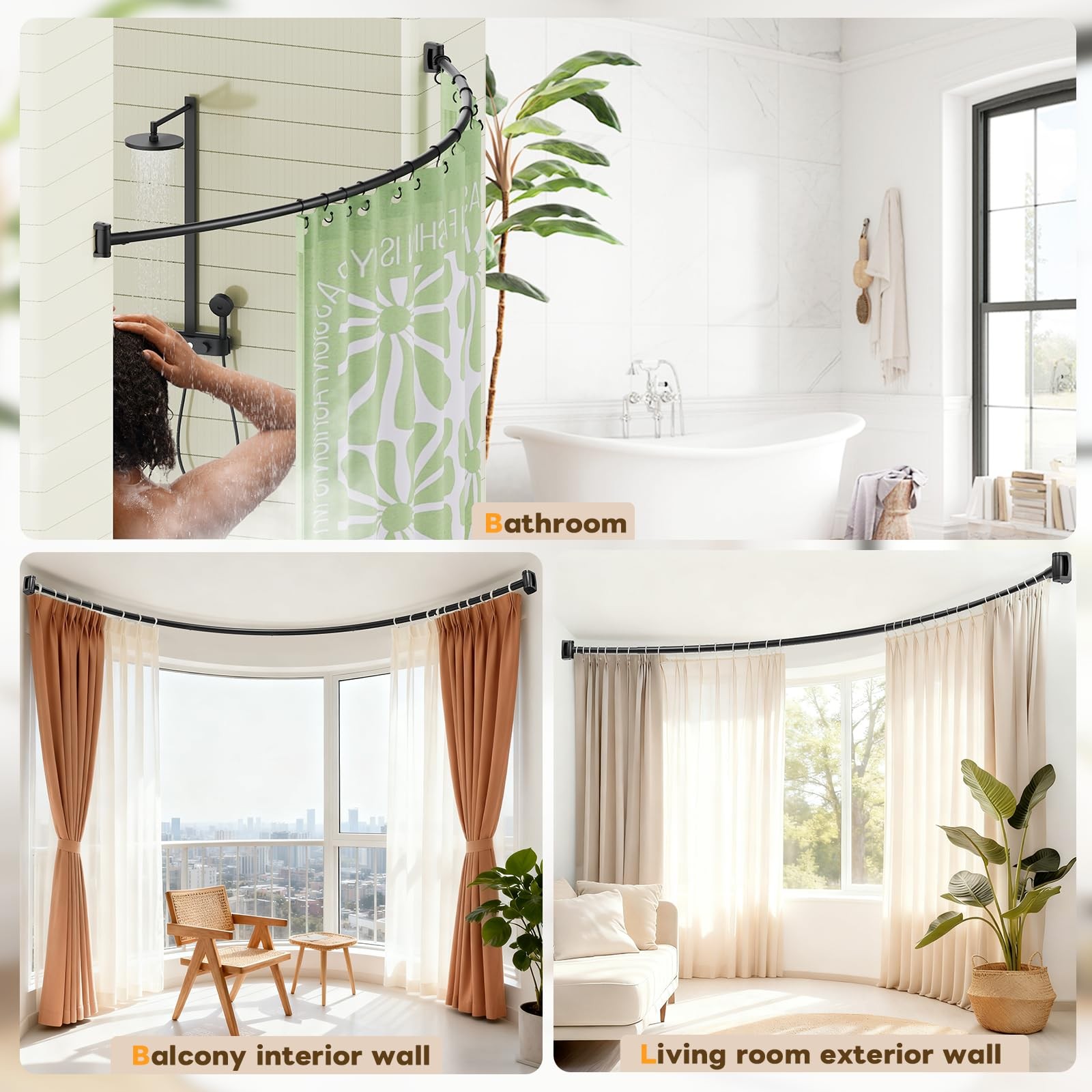 Curved Shower Curtain Rod 36-75 Inches, Adjustable, Rustproof, Black