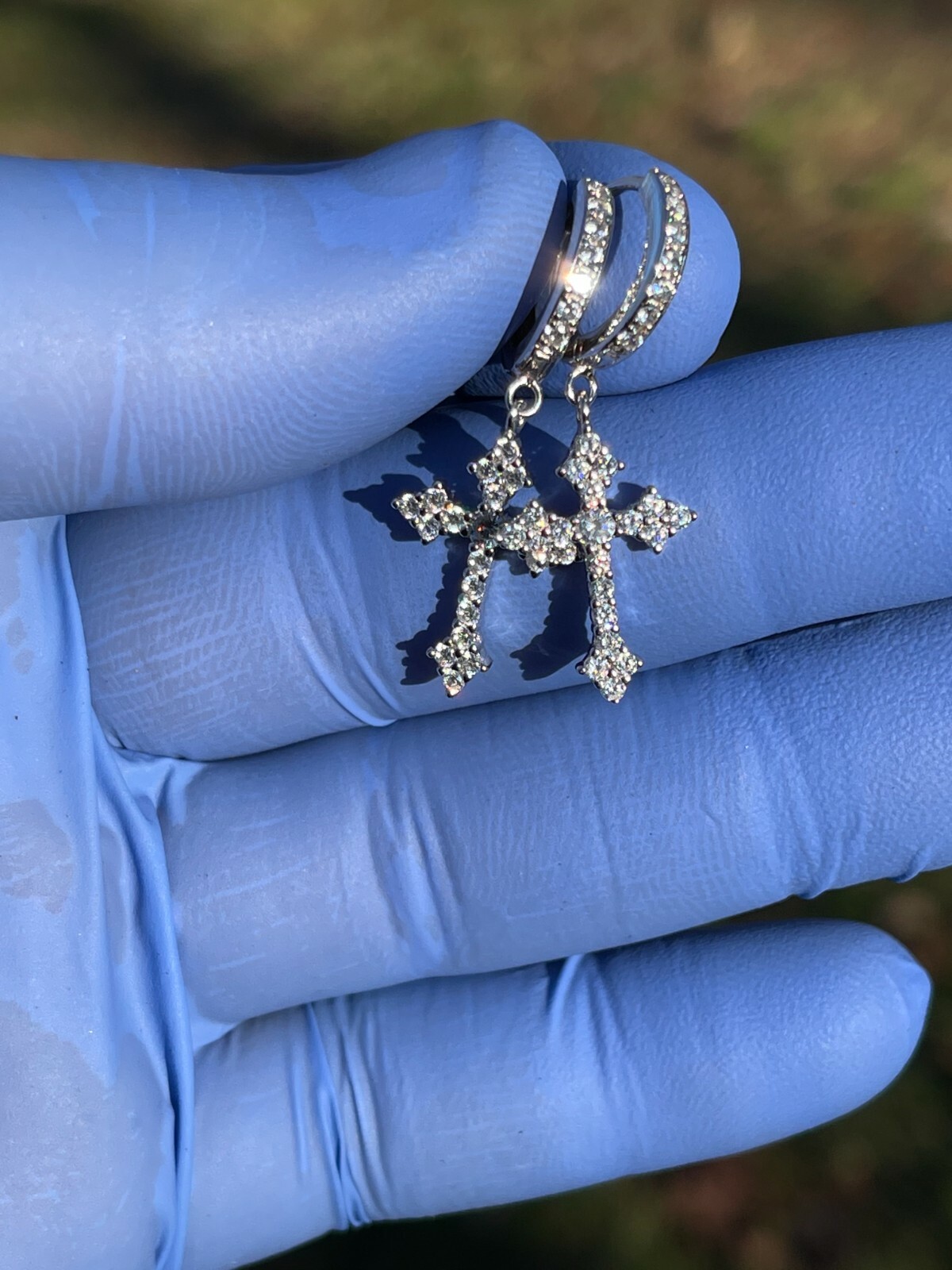 Real 925 Sterling Silver Men's Ladies Dangle Cross Studs Earrings Iced Hip Hop