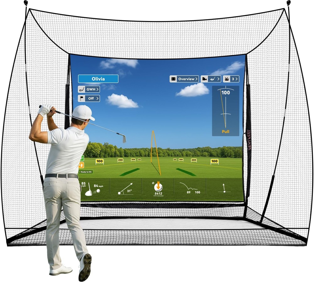 Golf Simulator Cage with Side Barriers&Impact Screen – 10x8 FT Golf Net with ...