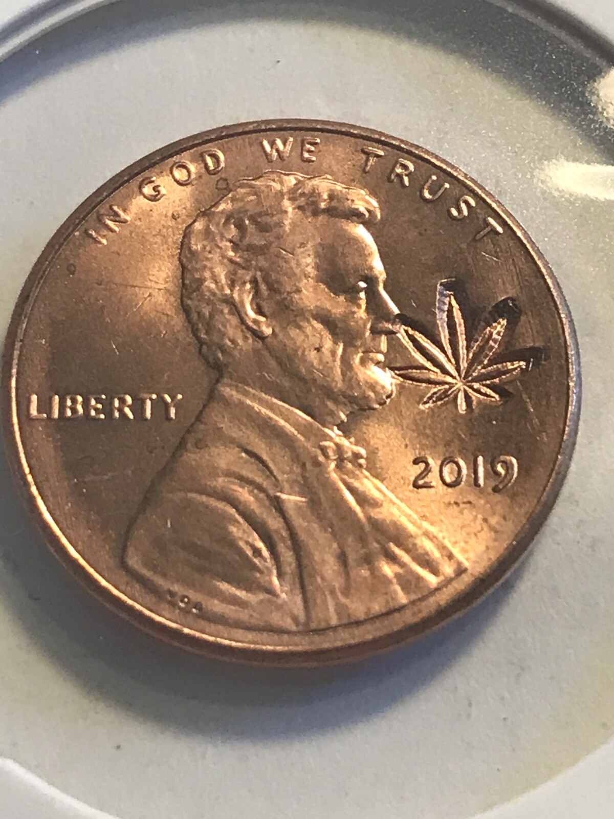 Stamped Coin - One Cent Coin - Marijuana Leaf
