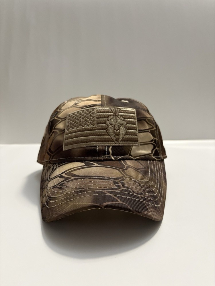 Kryptek Camouflage Ball Cap Brown Beige American Flag Patch Kryptek Pattern