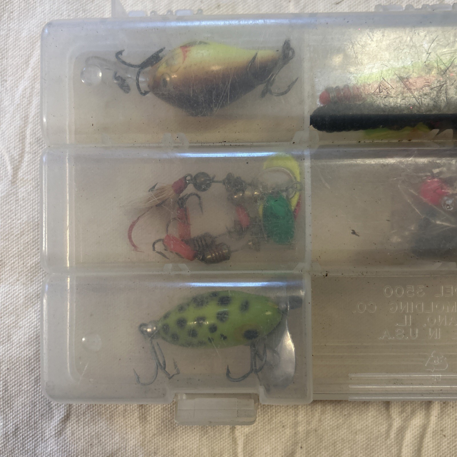 Plano Clear Tackle Box 3500 With Lures Weights Plastic Worms LOT Fishing Fish