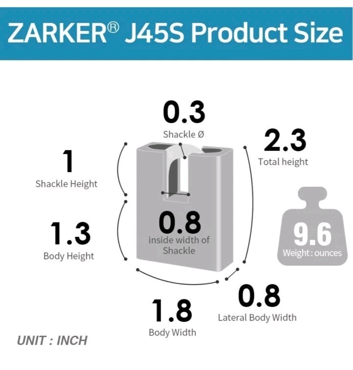 Zarker J45S keyed Padlock, Heavy Duty Stainless Steel Shackle Lock, 3 Keys