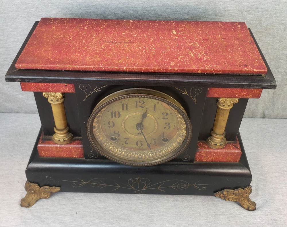 Antique Seth Thomas Red & Black Two Column Adamantine Mantel Clock & Pendulum PR