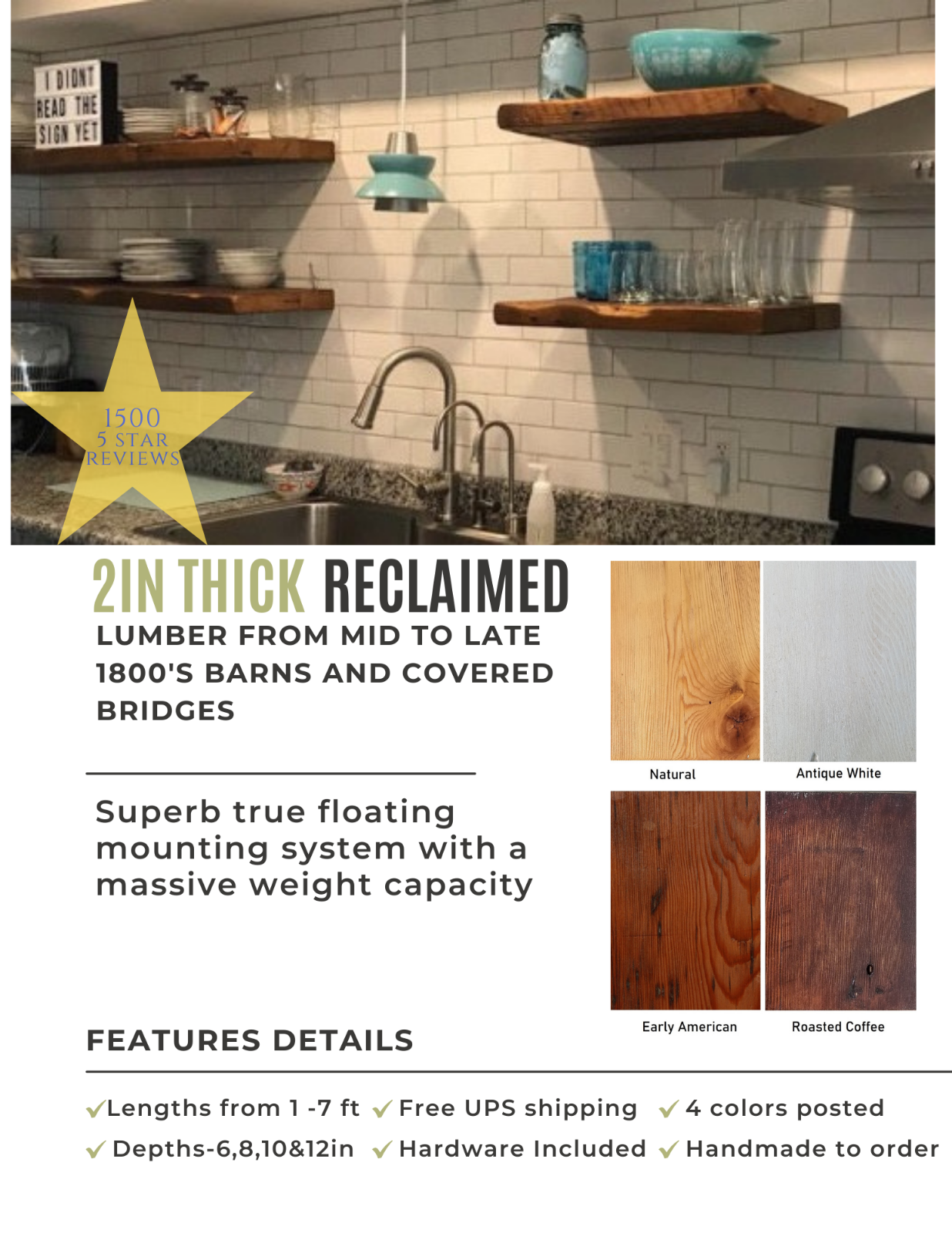 Floating shelf reclaimed barn wood Premium 2in thick floating shelves USA made