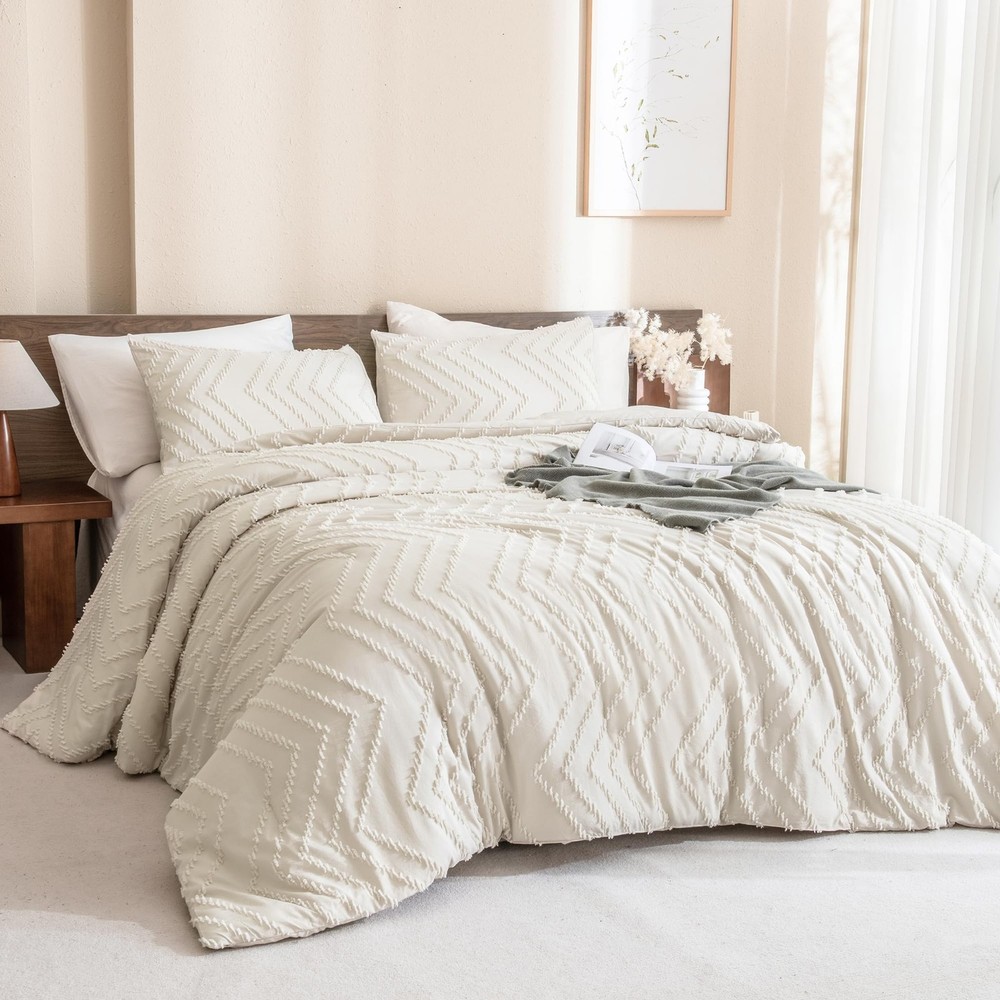 Boho Beige Queen Comforter Set - Soft Warm Tufted Neutral Bedding