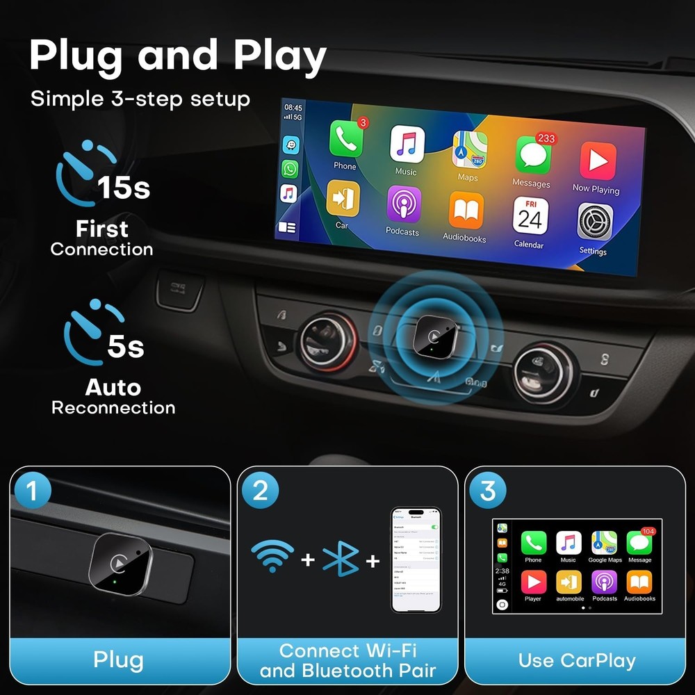 USB Auto Wireless CarPlay Adapter For iPhone Apple Wireless Dongle Plug ＆ Play