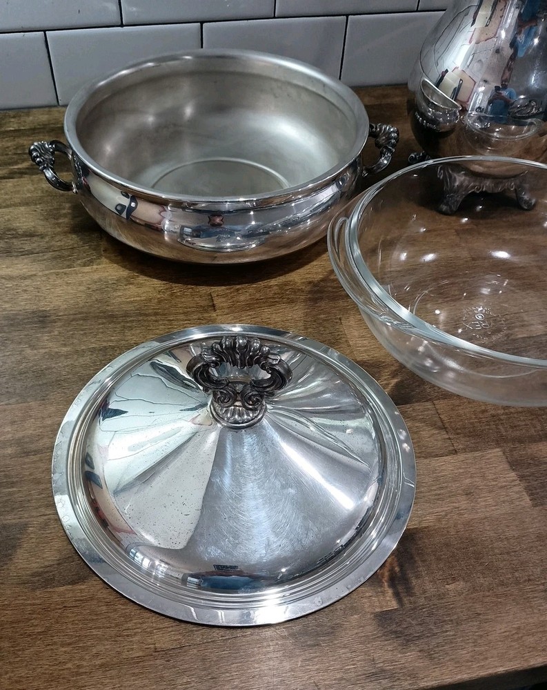 FB Rogers Silver Plate Covered Casserole Serving Dish Bowl with Insert + Pitcher