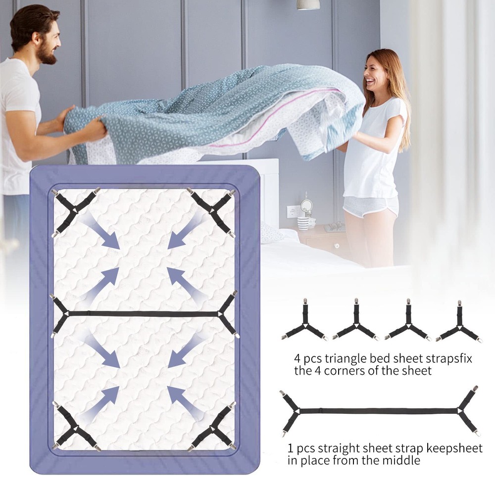 Bed Sheet Straps,4+1Pcs Fitted Sheet Clips Holder,Elastic Adjustable Sheet Strap