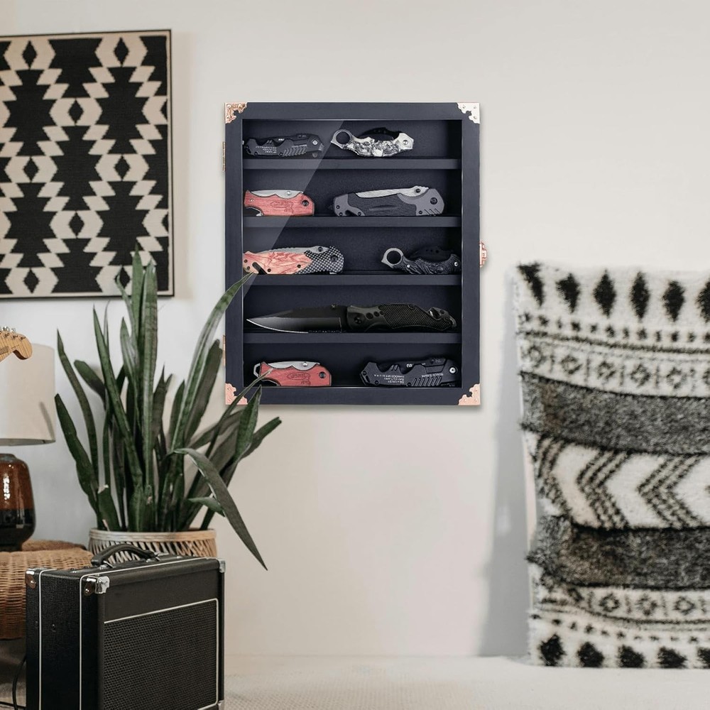 Wall Mounted Wooden Knife Display Case, Four Replaceable Single Grooves, Deta...
