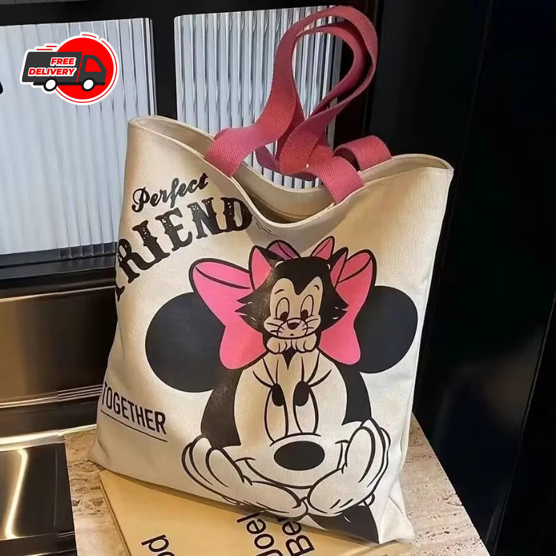 Mickey Minnie Cartoon Printed Canvas Tote Bag Large Capacity Fashion Handbag