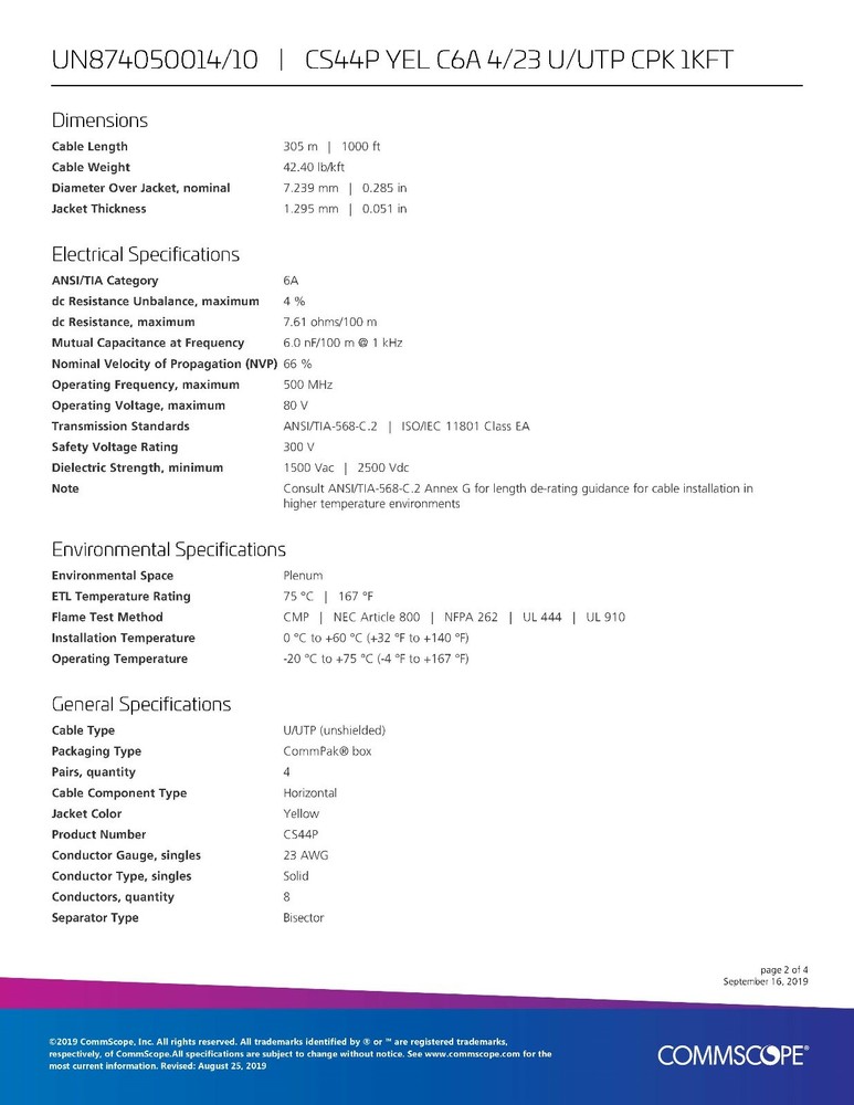 Commscope CS44P Cat6A U/UTP Network Ethernet 10G 10Gig Cable Plenum Yellow /50ft
