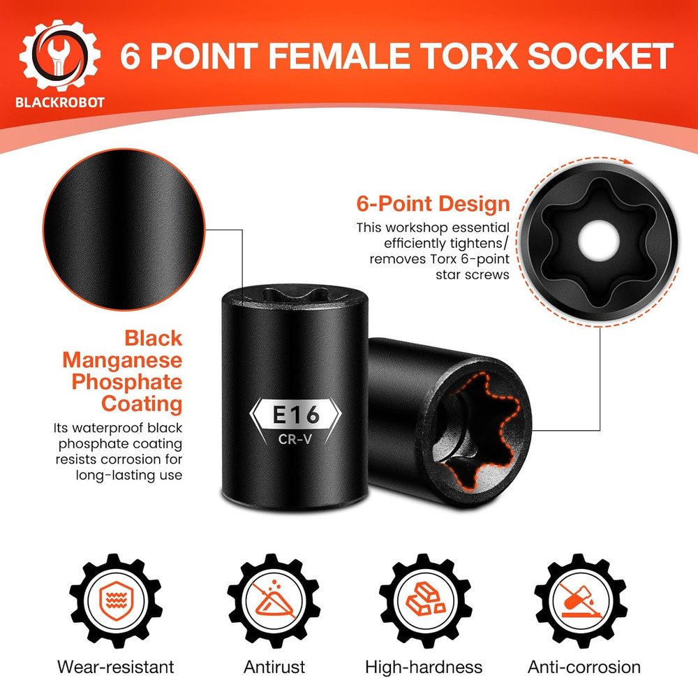 E Torx & Star Socket Set with Rail, 11-Piece Female External Sockets