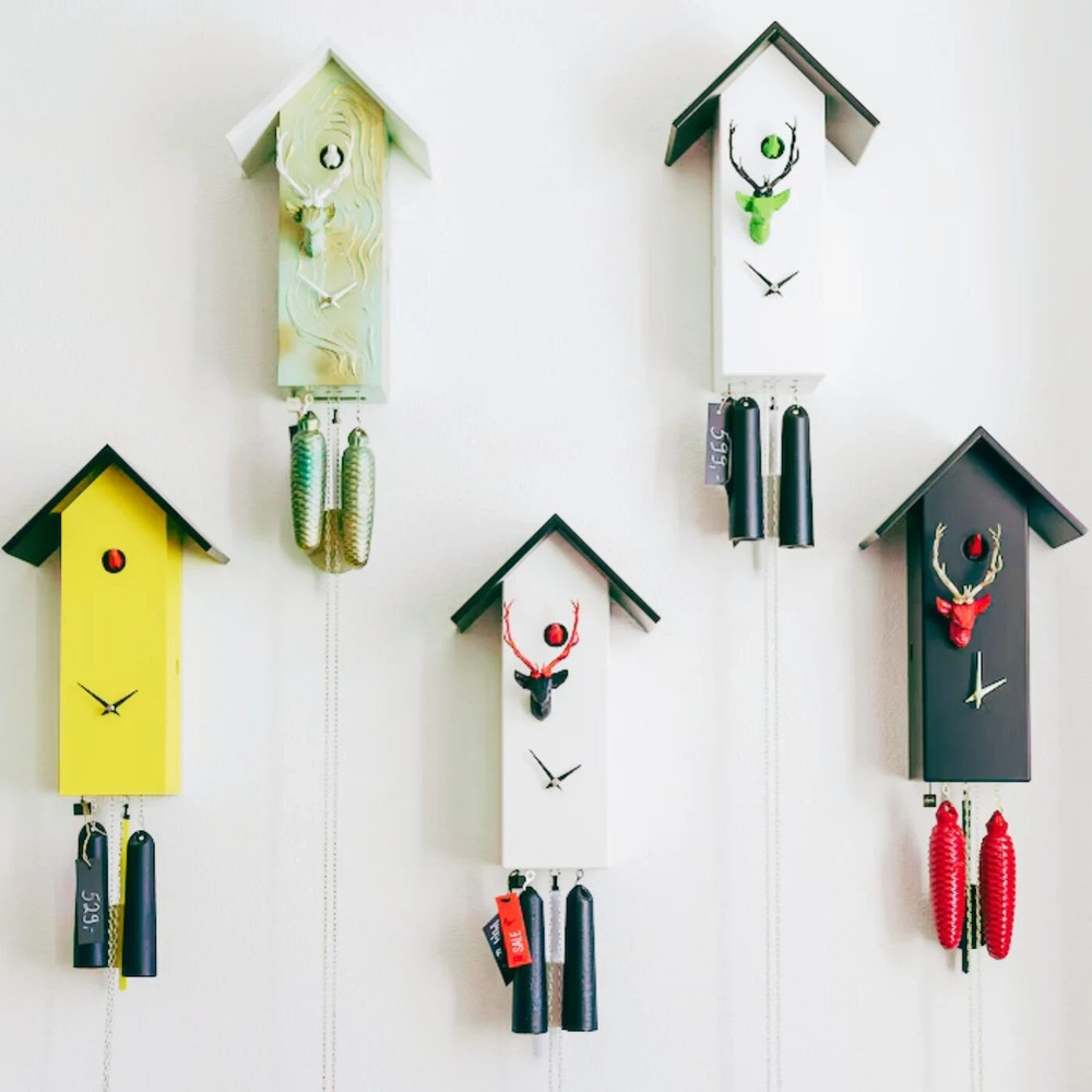 Red and Black Forest Cube Cuckoo Clock with Red Hand Arms, Handmade Solid Wood