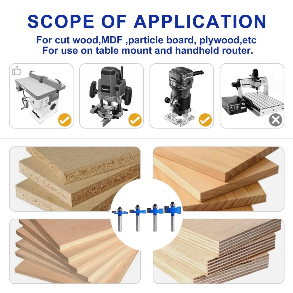 Rabbet Router Bits Set 4Pcs 1/4 Shank with Interchangeable Bearings