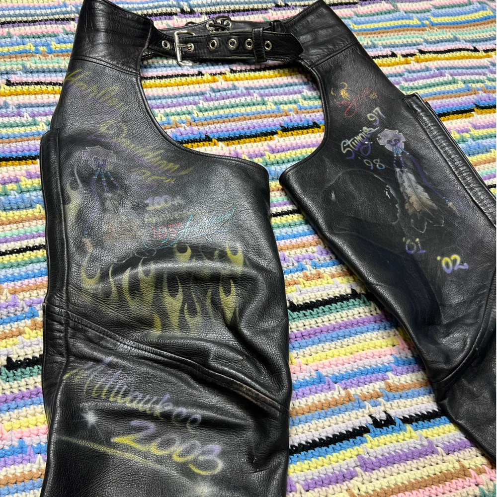 90s Genuine Leather Custom Painted Motorcycle Chaps