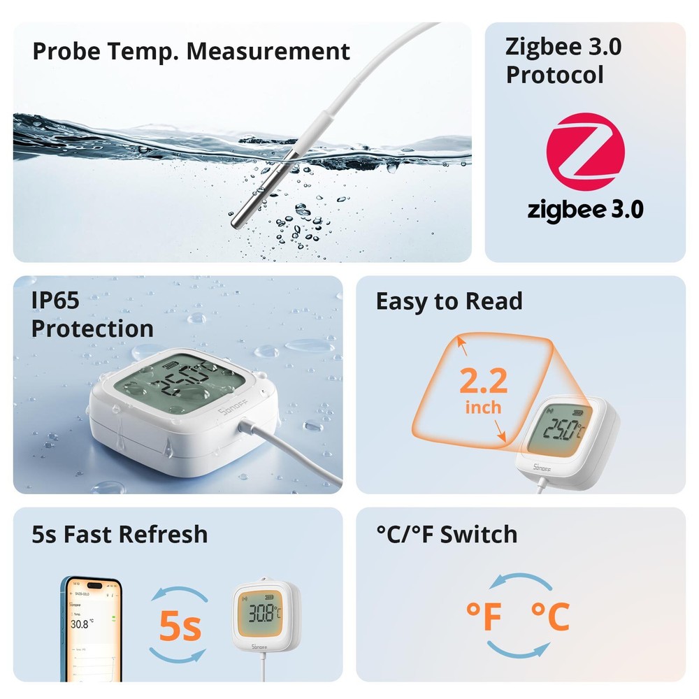 SONOFF IP65 Zigbee LCD Smart Thermometer Probe Temperature Detection with Probe