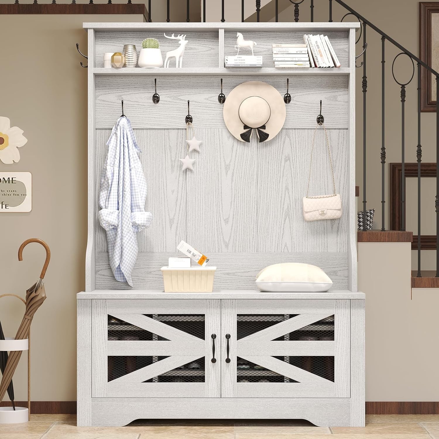 Hall Tree with Bench and Shoe Storage, 5-in-1 Entryway Bench with Coat Rack