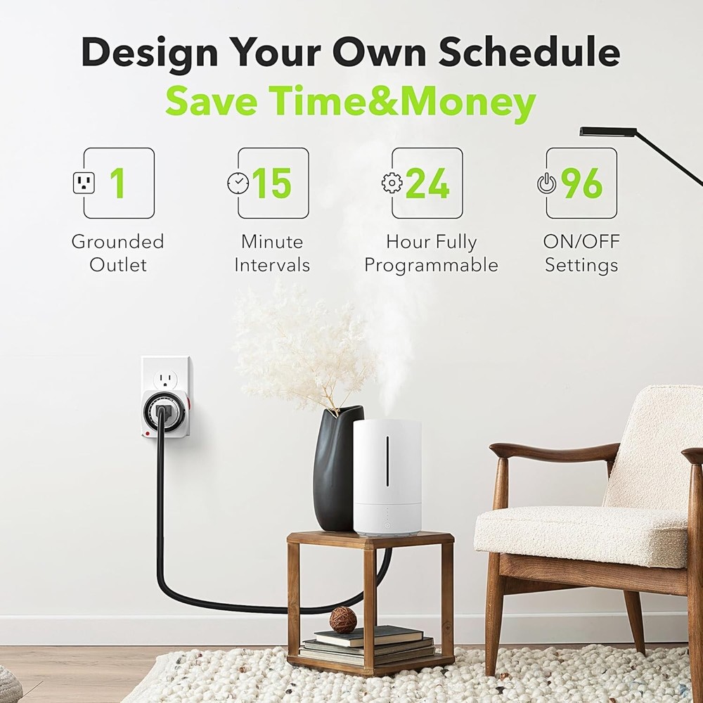 BN-LINK 24-Hour Plug-in Mechanical Timer, Mini Outlet Timer Indoor 3-Prong Plug