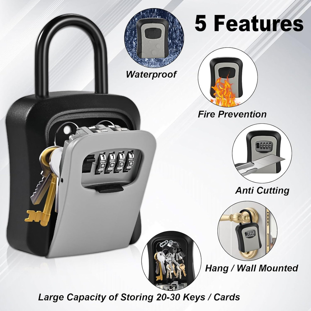 Large Waterproof Key Lock Box - 6 PCS Portable Wall Mount with Code - Gray