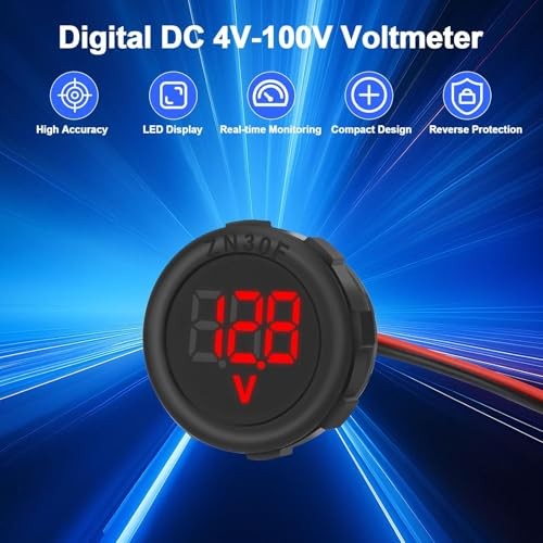 2PCS DC 4V-100V Voltage Meter, Digital Waterproof Voltmeter with Threaded Red
