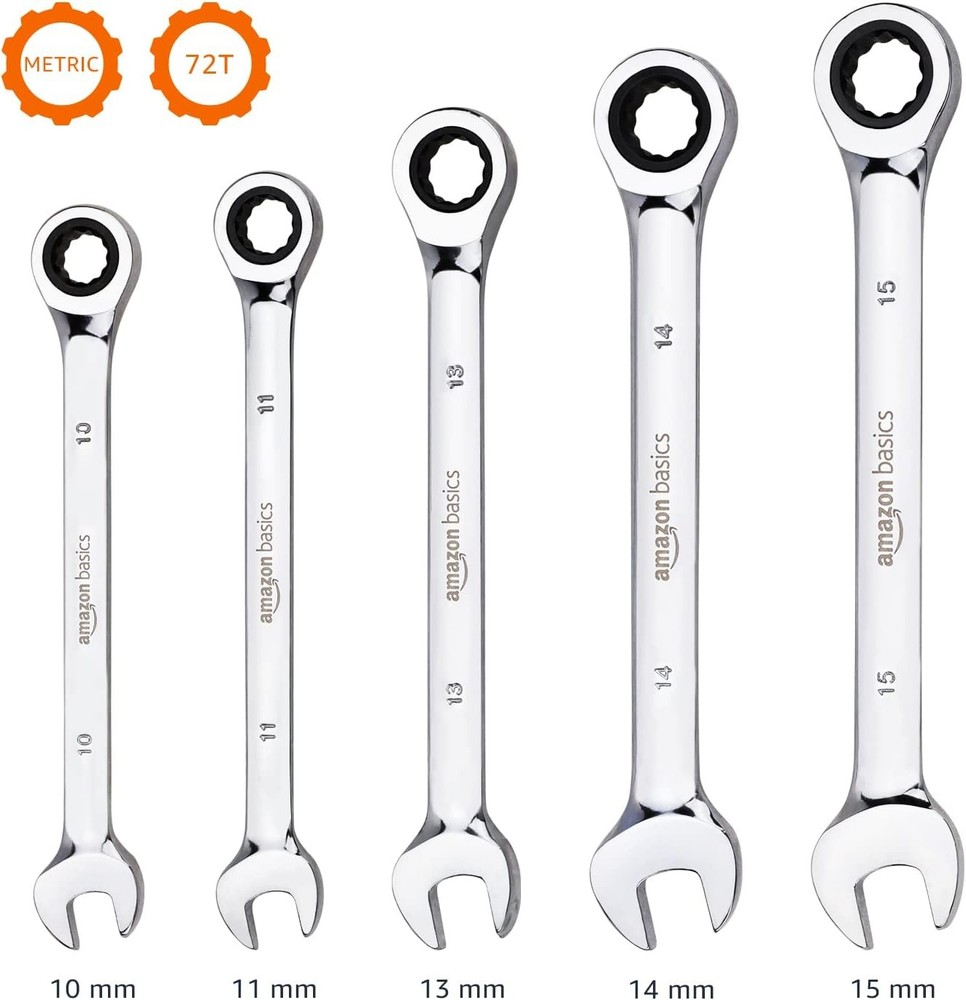 Amazon Basics Ratcheting Wrench Set Metric 5 Piece Black Silver