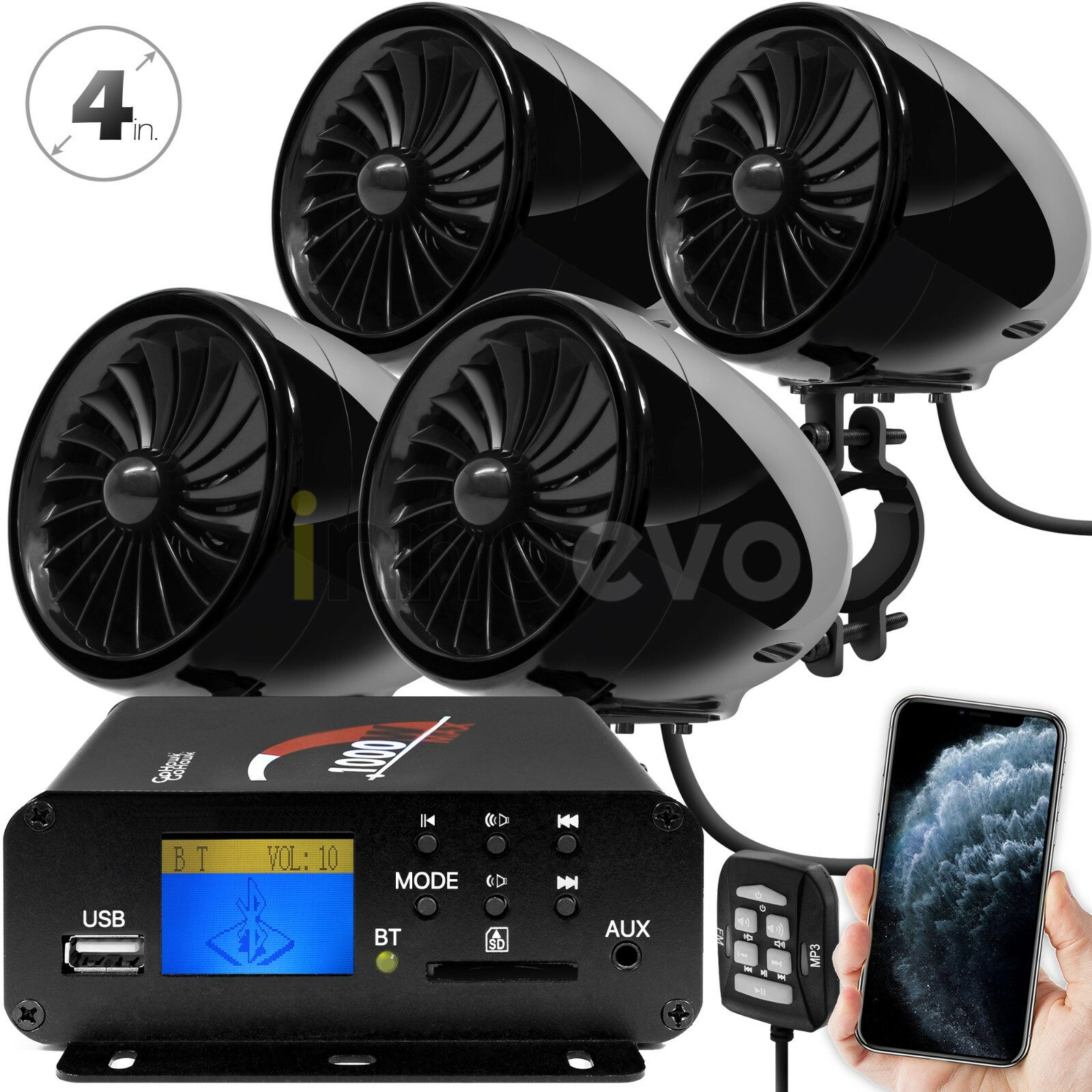 1000W Motorcycle Bluetooth 4 Speakers Stereo Audio System ATV UTV Can-Am Polaris