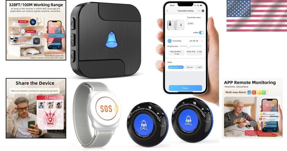 Wireless Emergency Call Button for Elderly - App-Enabled Alert System at Home