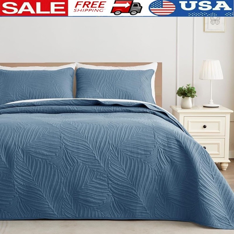 Ultra Soft Leaf Pattern Queen Quilt Set Lightweight All Season Bedding Essential