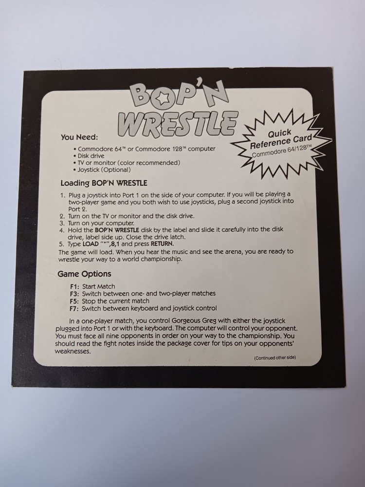 Commodore 64/128 Bop N Wrestle Computer Game Software Tested/Works