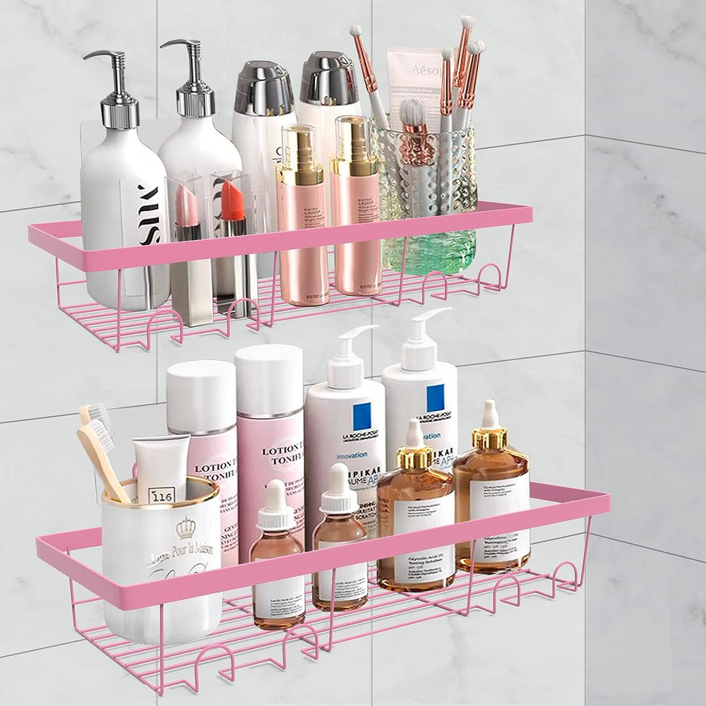 2 Pack Adhesive Shower Caddy Organizer with Hooks, Rustproof No Drilling Wall Mo