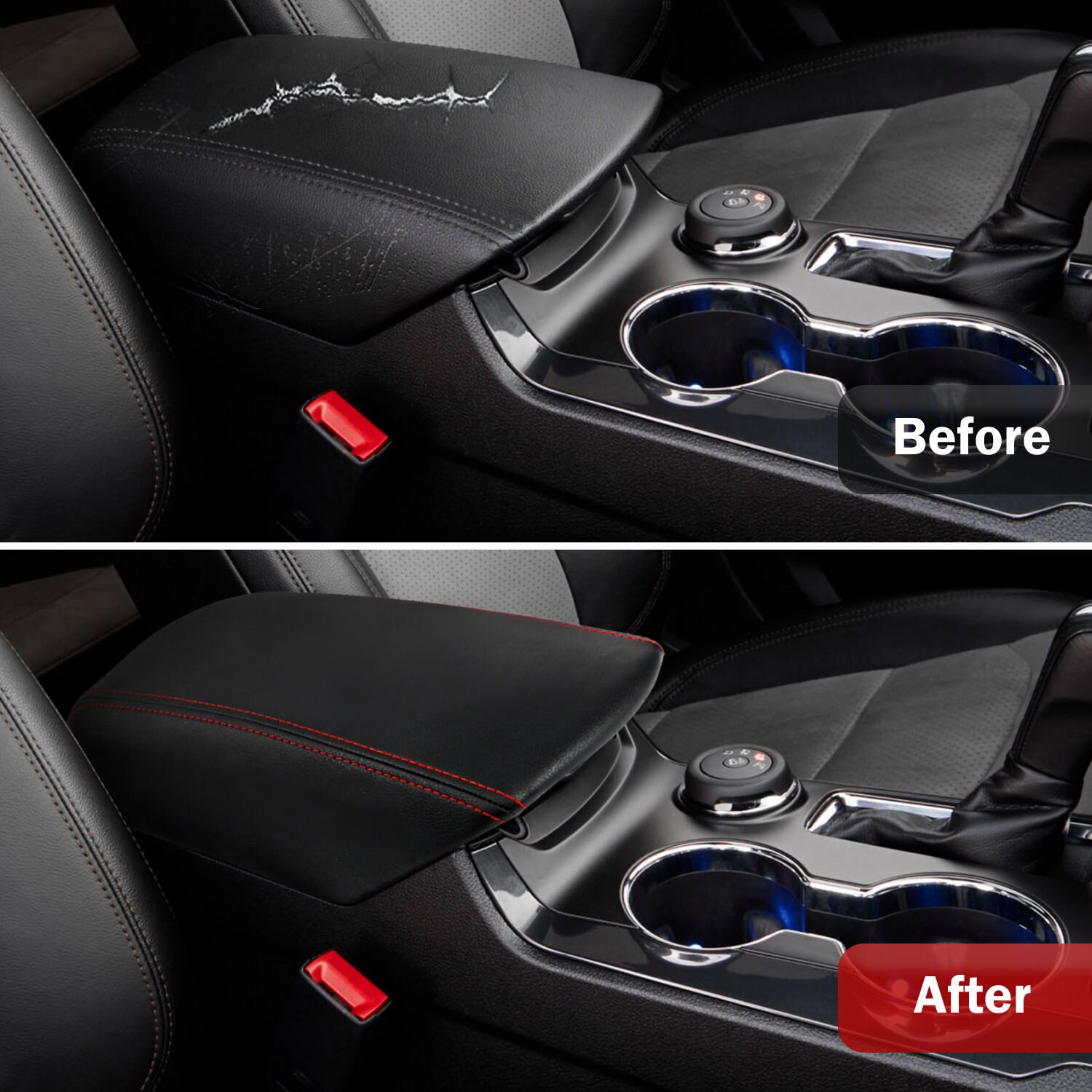 Fits 2011-2019 Ford Explorer Leather Center Console Lid Armrest Cover Red Stitch