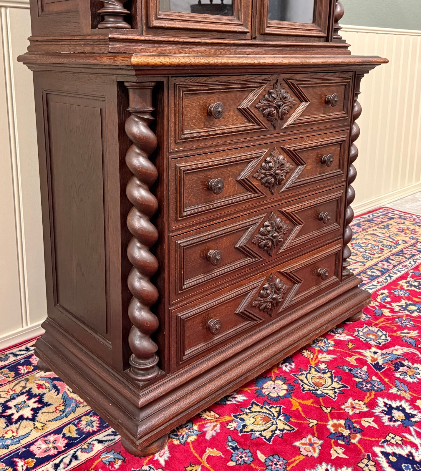 Antique French Bookcase & Chest of Drawers Display Cabinet Barley Twist Oak
