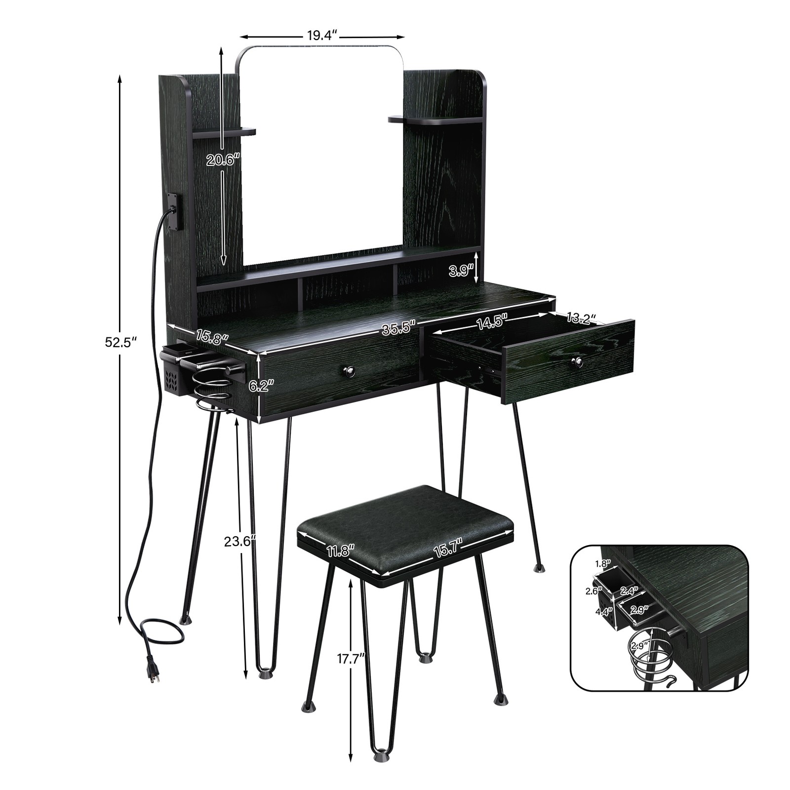 Makeup Vanity Table Set with Charging Station + vanity Stool Dressing Table Desk