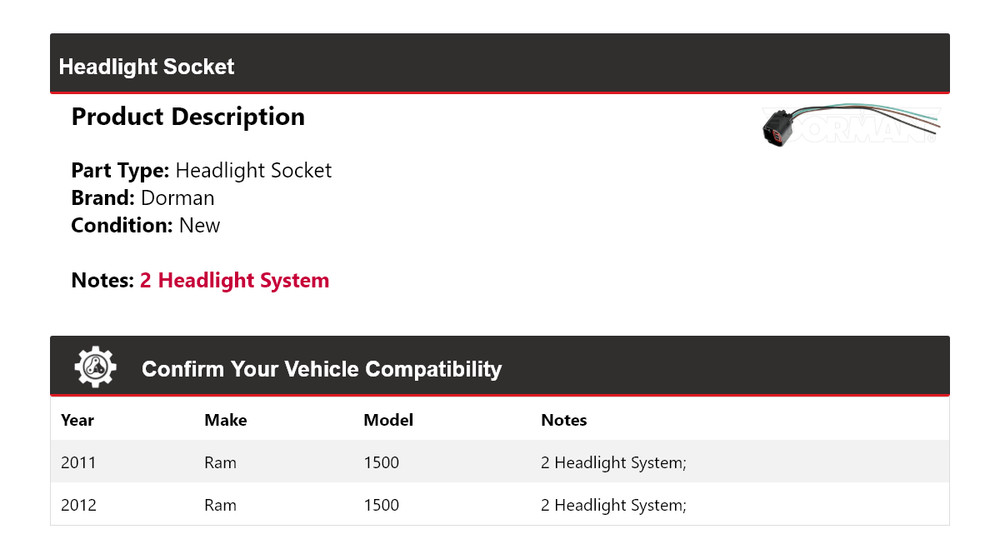 For 2011-2012 Ram 1500 Dorman Headlight Socket