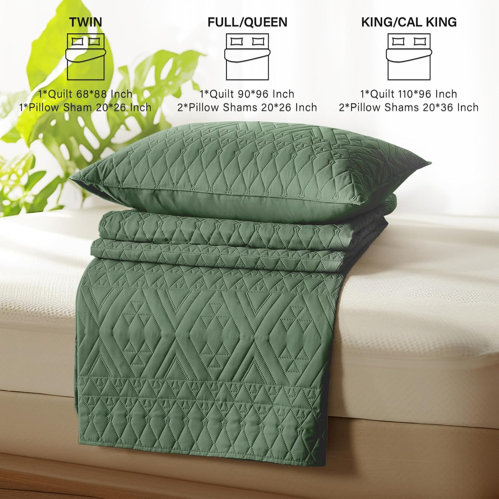 Full/Queen Size Quilt Bedding Set,Green Lightweight Microfiber Soft Bedspread,Mo