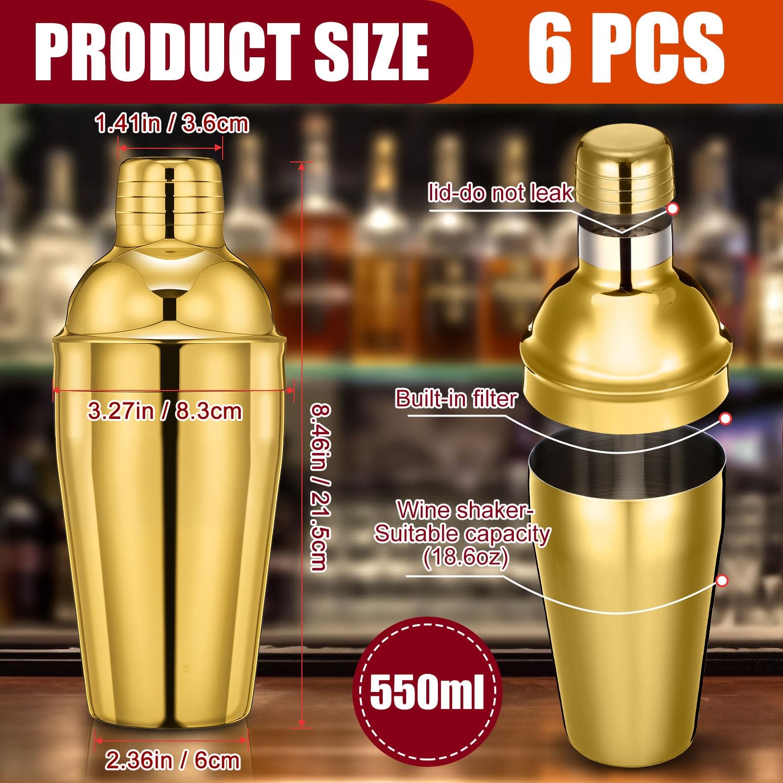 Nitial 6 Pcs Bar Cocktail Shaker Professional Stainless Steel 18.6 oz, Gold