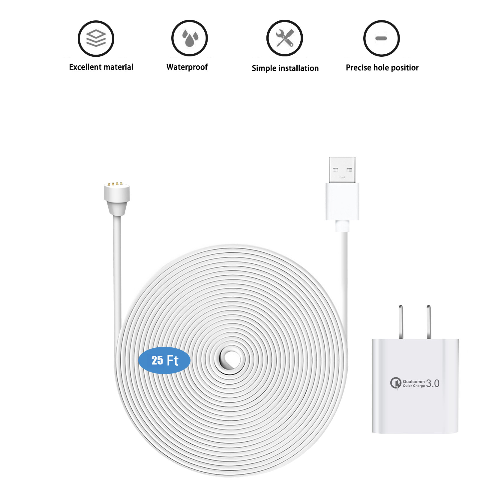 25ft/7.6m Weatherproof Charge Cable for Google Nest Cam camera (battery) outdoor