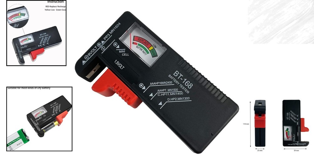 Universal Battery Tester Checker - Compact Voltmeter for AAA AA C D 9V Batteries