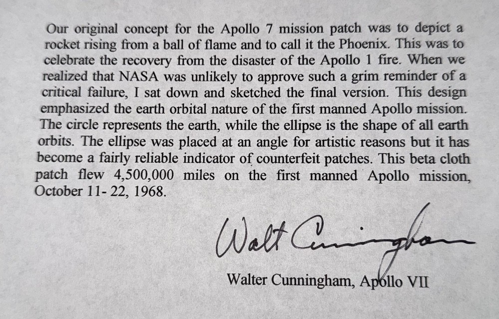 Apollo 7 flown beta cloth patch - Walt Cunningham COA